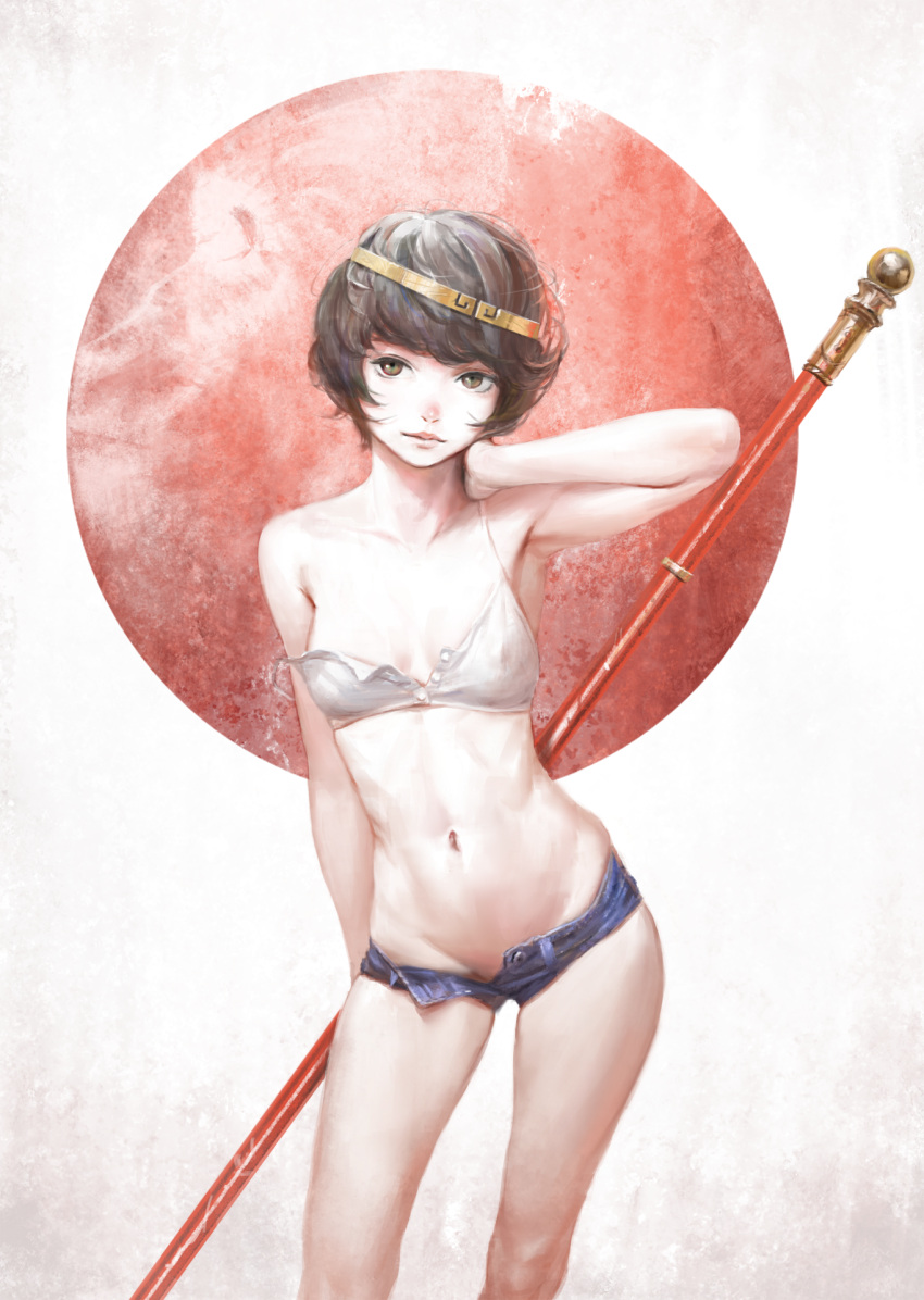 1girl, arm_at_side, bob_cut, bra, breasts, brown_eyes, brown_hair, circlet