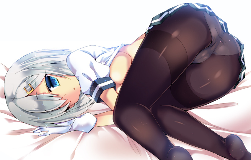 1girl, :o, ass, black_legwear, blue_eyes, breasts, gloves, hair_ornament