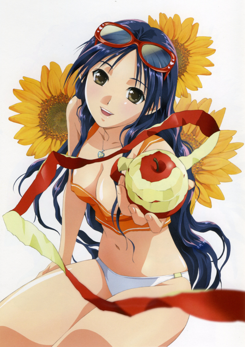 1girl, absurdres, apple, apple_peel, blue_hair, breasts, cleavage, copyright_request