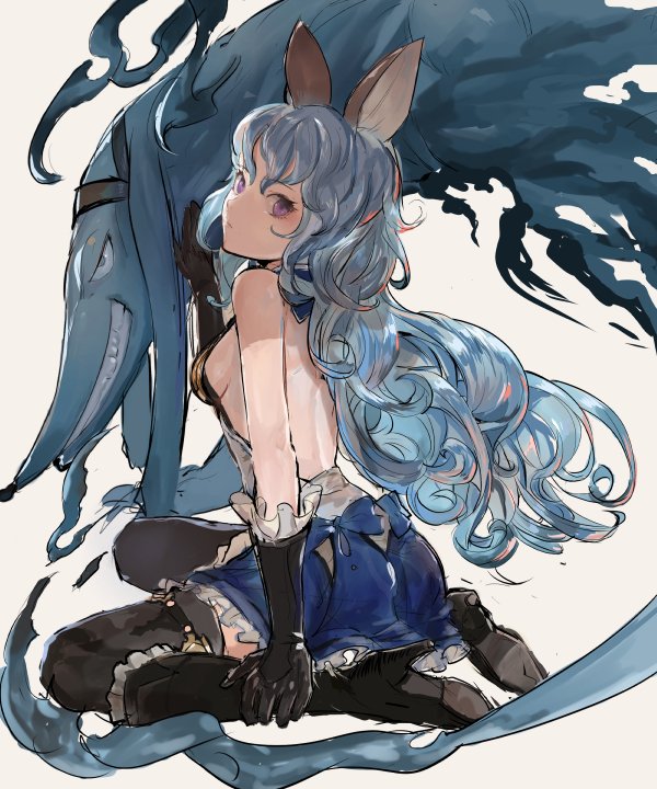 1girl, animal_ears, backless_outfit, bangs, bare_shoulders, black_boots, black_gloves, black_legwear