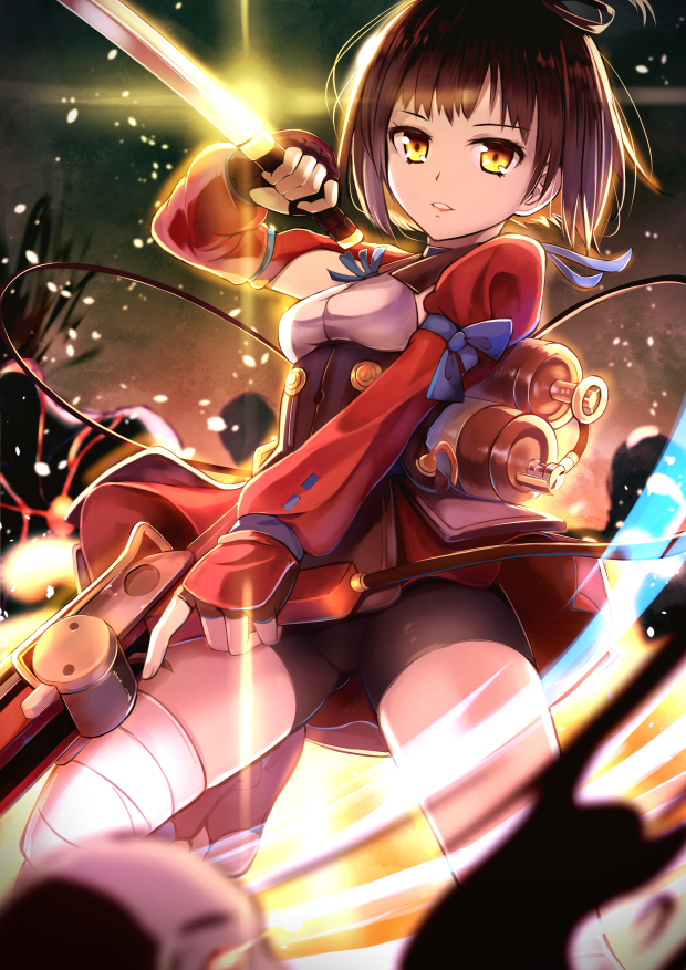 1girl, arm_ribbon, backlighting, bandaged_leg, bandages, bangs, bike_shorts, blood