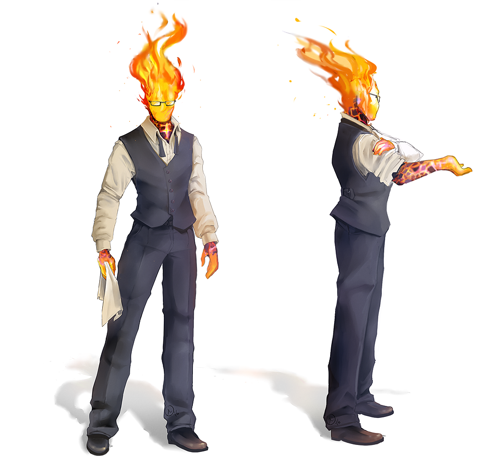 1boy, bow, bowtie, character_sheet, collared_shirt, elemental_(creature), fire, flame