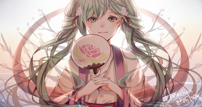 1girl, 2016, ameriya, artist_name, chuushuu_meigetsu_miku, fan, green_eyes, green_hair