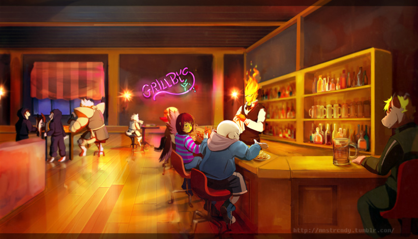 2boys, alcohol, androgynous, armor, axe, bow, bowtie, brown_hair, closed_eyes, collared_shirt, creature, denim, dog, dogamy, dogaressa, elemental_(creature), fire, flame, french_fries, frisk_(undertale), glasses, greater_dog, grillby, grin, hood, hoodie, interior, jazzycat, jeans, jitome, ketchup_bottle, lesser_dog, monster, multiple_boys, napkin, neon_lights, pants, reflection, sans_(undertale), shirt, shoes, shorts, sitting, skeleton, smile, sneakers, striped, striped_shirt, undertale, vest, watermark, weapon, web_address
