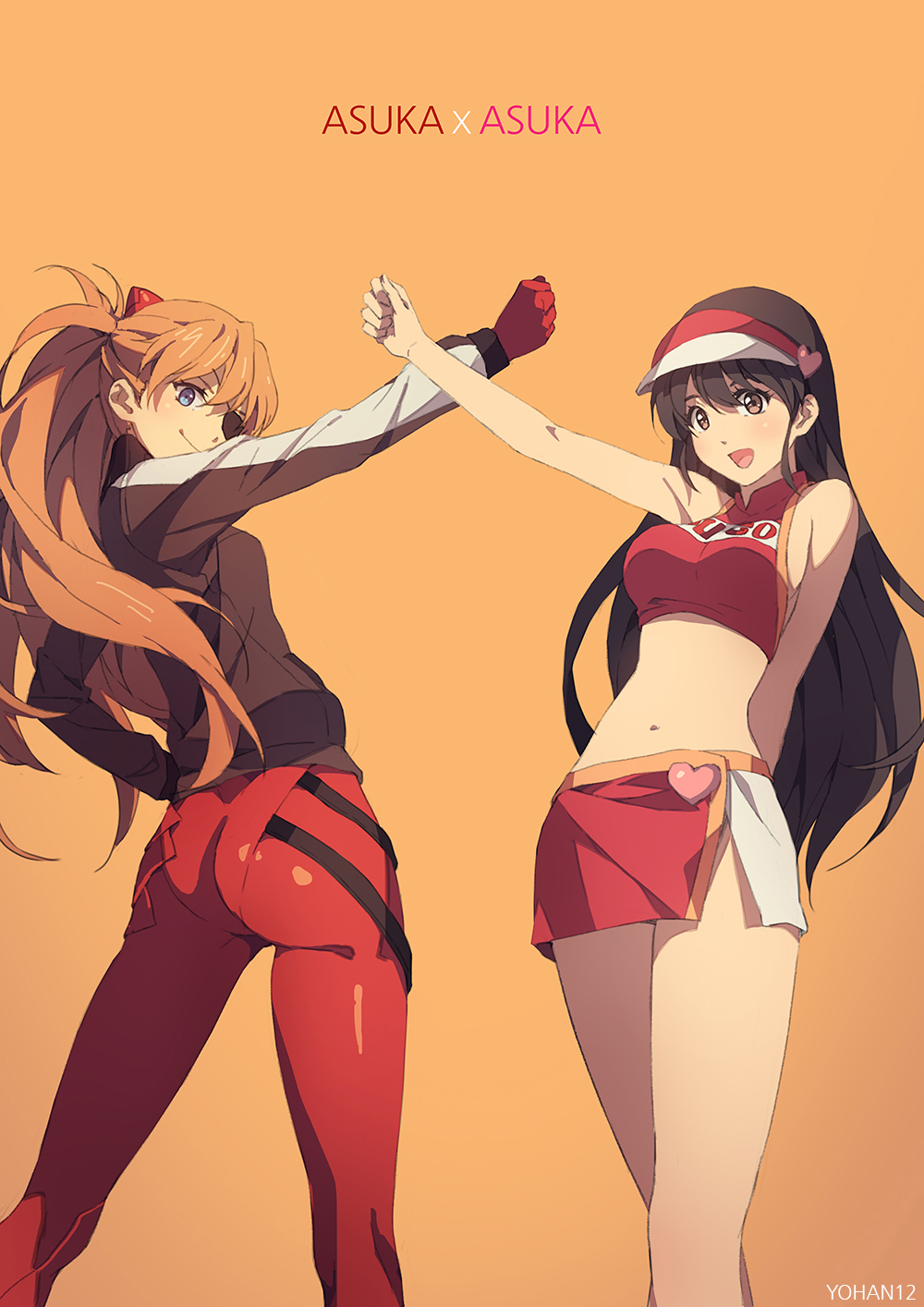 2girls, :d, arm_behind_back, arm_up, artist_name, ass, bangs, bare_shoulders, black_hair, blue_eyes, blush, bodysuit, breasts, character_name, clenched_hand, closed_mouth, clothes_writing, crop_top, crossover, evangelion:_3.0_you_can_(not)_redo, eyepatch, from_behind, future_gpx_cyber_formula, gloves, hair_between_eyes, halterneck, hand_on_hip, happy, headgear, heart, highres, jacket, kneepits, legs_apart, legs_together, long_hair, long_sleeves, looking_at_viewer, looking_back, midriff, miniskirt, multiple_girls, namesake, navel, neon_genesis_evangelion, open_mouth, orange_background, orange_eyes, orange_hair, outstretched_arm, pencil_skirt, pilot_suit, plugsuit, pose, racequeen, raised_fist, rebuild_of_evangelion, shikinami_asuka_langley, side_slit, sidelocks, single_vertical_stripe, skirt, slender_waist, smile, souryuu_asuka_langley, standing, sugou_asuka, tape, track_jacket, two_side_up, very_long_hair, visor_cap, yohan12