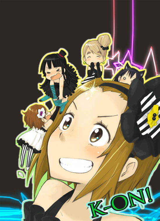 akiyama_mio, bangs, black_eyes, black_hair, blue_legwear, blunt_bangs, boss_(artist), brown_hair, chibi, don't_say_lazy, don't_say_"lazy", dress, elbow_gloves, face_paint, facepaint, fingerless_gloves, forehead, gloves, hat, hime_cut, hirasawa_yui, k-on!, kotobuki_tsumugi, long_hair, mini_top_hat, multiple_girls, nakano_azusa, neon_lights, one_shoe, pantyhose, pantyhose_pull, single_shoe, star, striped, striped_pantyhose, tainaka_ritsu, tomboy, top_hat, vertical-striped_legwear, vertical_stripes