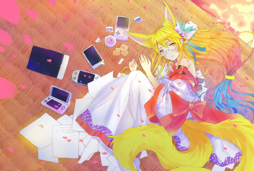 1girl, animal_ears, bare_shoulders, blonde_hair, fox_ears, fox_tail, glasses, gradient_eyes