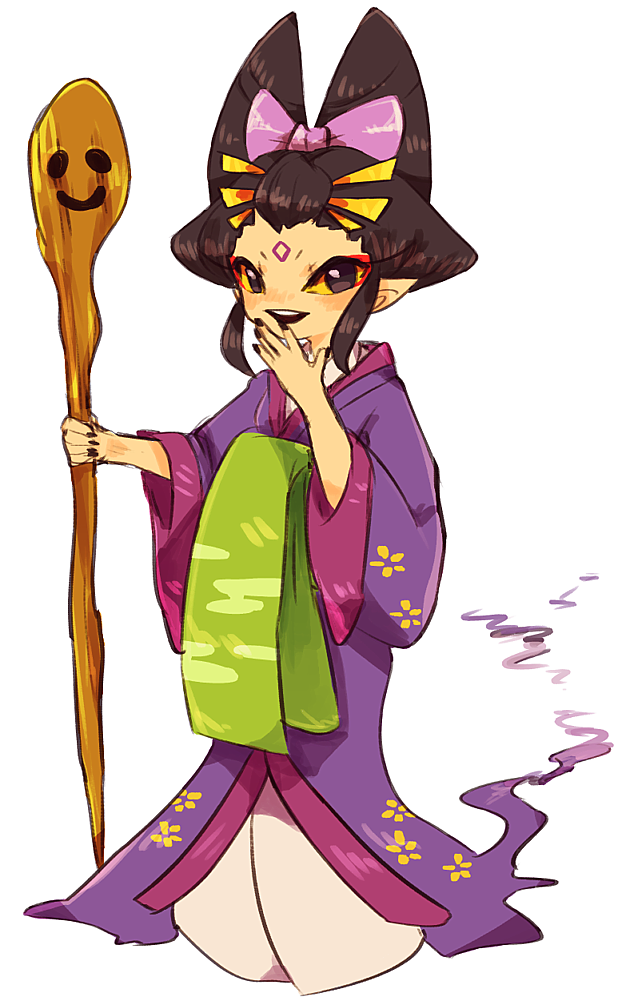 1girl, black_eyes, black_hair, japanese_clothes, looking_at_viewer, nail_polish, oiran_(youkai_watch), open_mouth