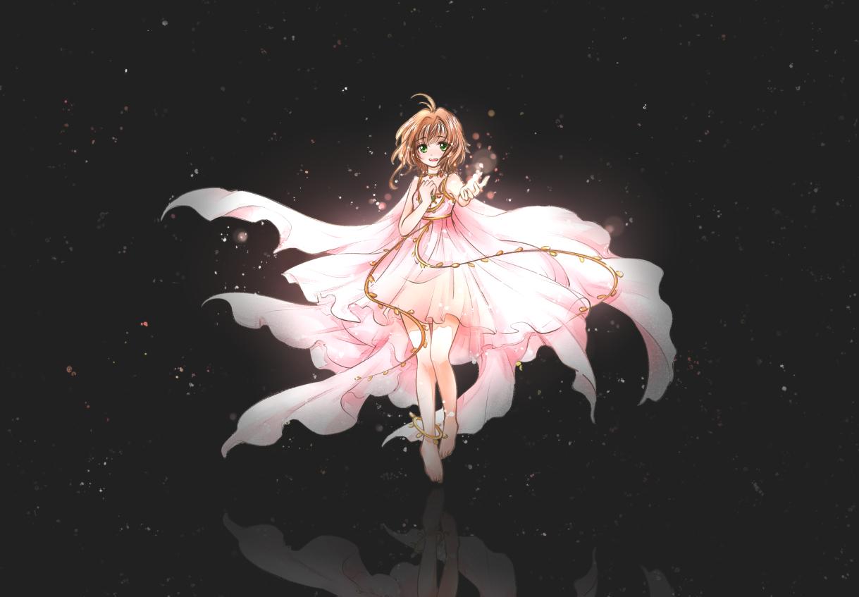 1girl, ahoge, anklet, barefoot, brown_hair, cardcaptor_sakura, choker, dress