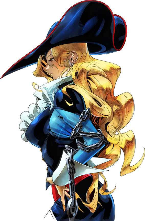 1girl, blonde_hair, capcom, chain, hat, long_hair, long_sleeves, marvel_vs._capcom