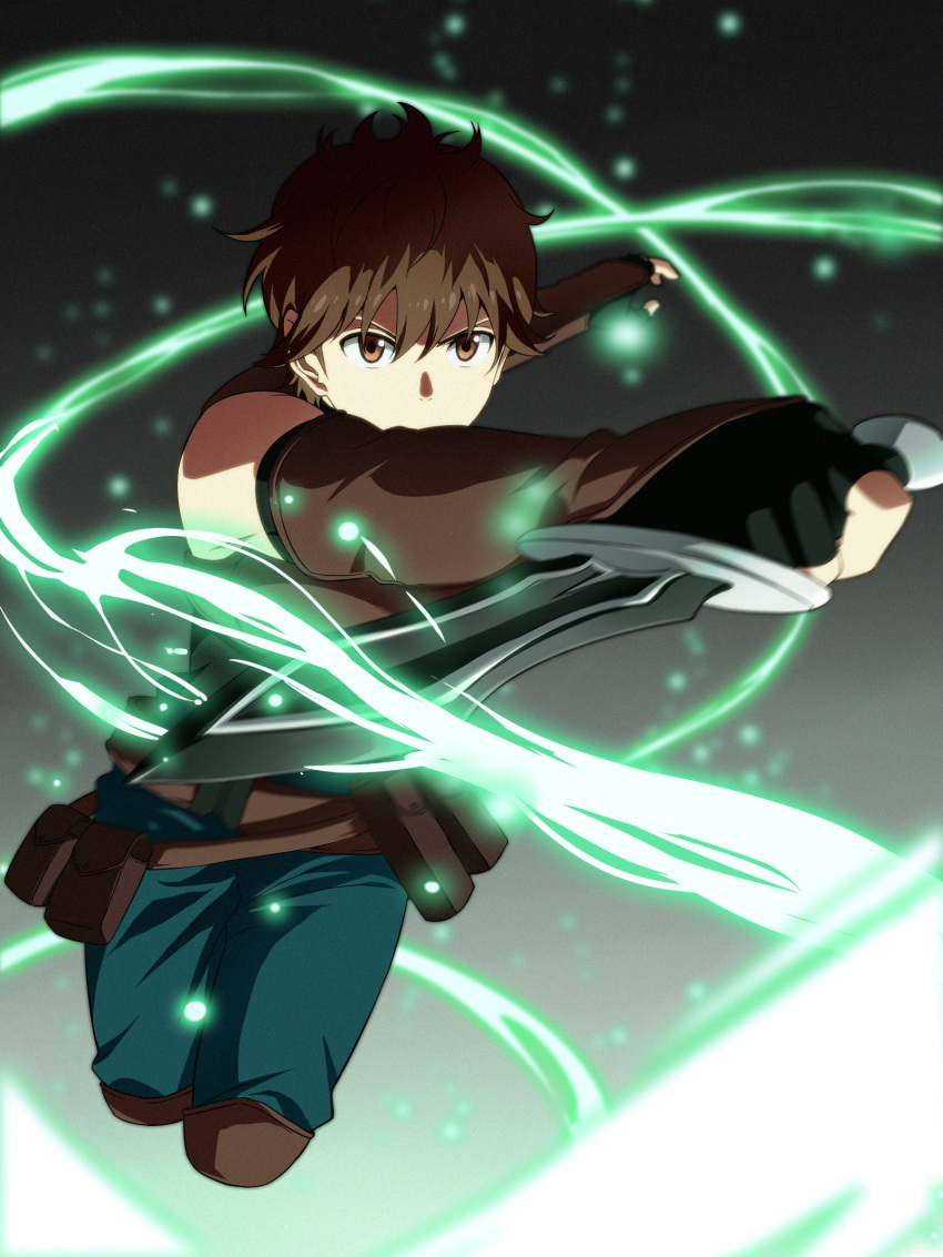 1boy, absurdres, bare_shoulders, black_gloves, brown_eyes, brown_hair, dagger, fingerless_gloves