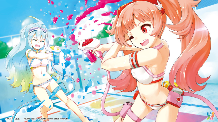 2girls, :d, ;d, ^_^, ahoge, aqua_hair, artist_name, barefoot