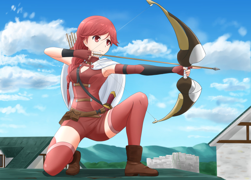 1girl, aiming, armpits, asymmetrical_gloves, blue_sky, boots, bow_(weapon), braid