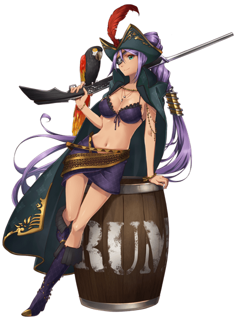 1girl, aqua_eyes, awakening_(sennen_sensou_aigis), barrel, bird, black_coat, boots, bracelet, breasts, cape, cleavage, coat, eyepatch, full_body, green_eyes, gun, hat, hat_feather, jewelry, long_hair, midriff, musket, navel, necklace, official_art, over_shoulder, parrot, pirate, pirate_hat, ponytail, purple_boots, purple_hair, rachel_(sennen_sensou_aigis), sennen_sensou_aigis, skirt, solo, very_long_hair, weapon
