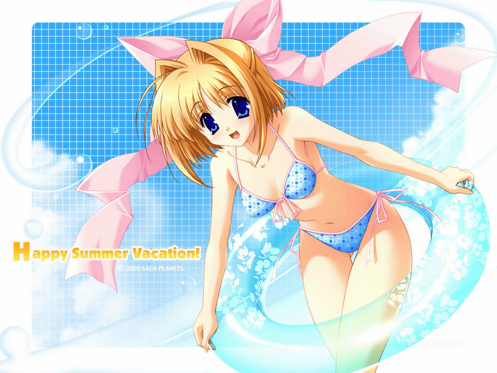 bikini, blonde_hair, blue_eyes, bra, cleavage, floating_tire, hair_ribbon, happy, navel, short_hair, swimsuit