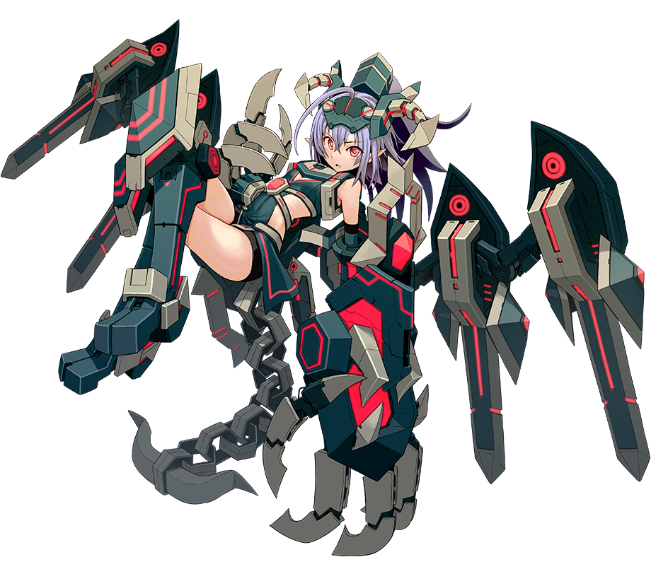 1girl, boots, cyberstep, mecha_musume, official_art, purple_hair, red_eyes, short_hair