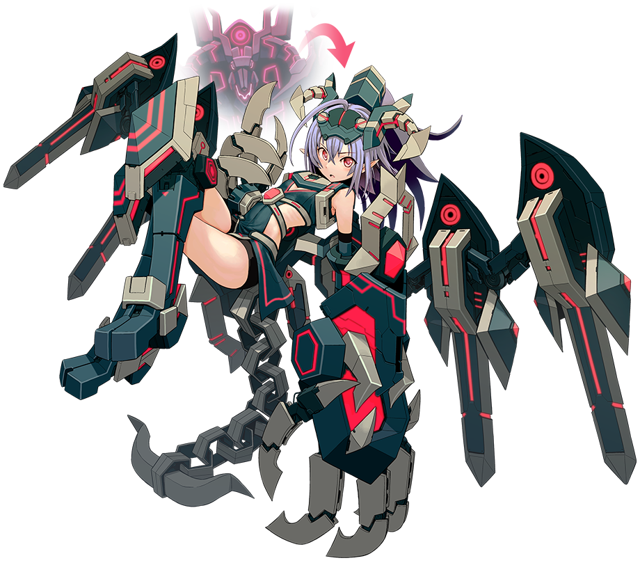 1girl, boots, cyberstep, mecha_musume, official_art, purple_hair, red_eyes, short_hair