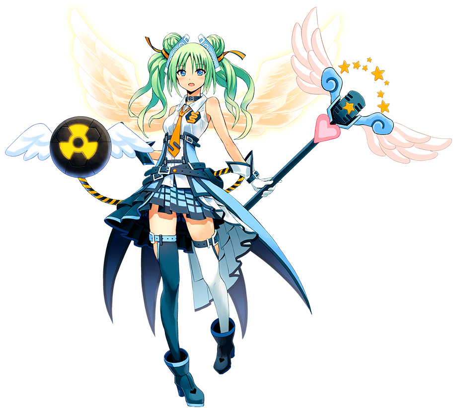 1girl, angel_wings, blue_eyes, boots, cyberstep, double_bun, green_hair, official_art