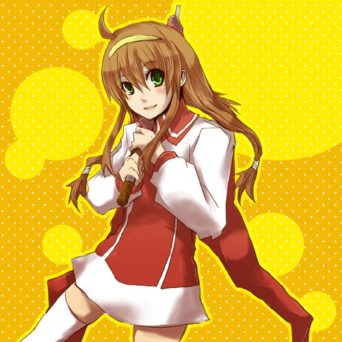 1girl, ahoge, brown_hair, cape, coat, green_eyes, hair_ornament, hairband