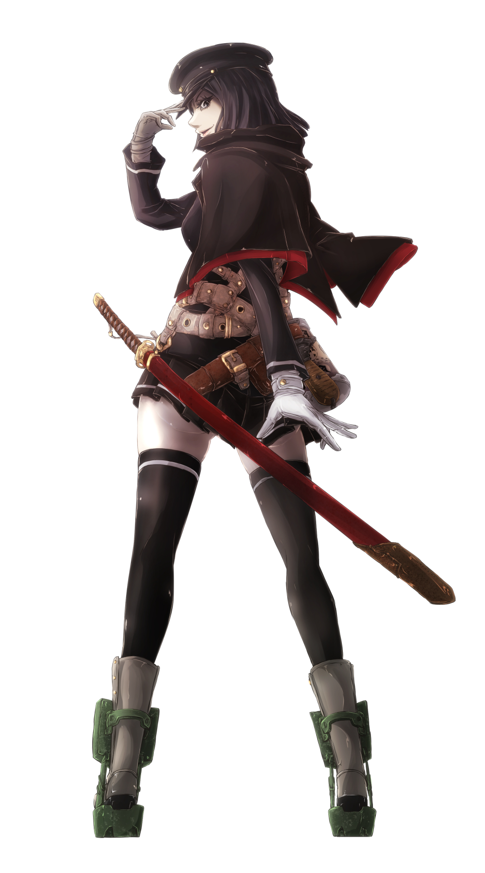 1girl, akitsu_maru_(kantai_collection), ass, belt, black_eyes, black_hair, black_hat, black_legwear
