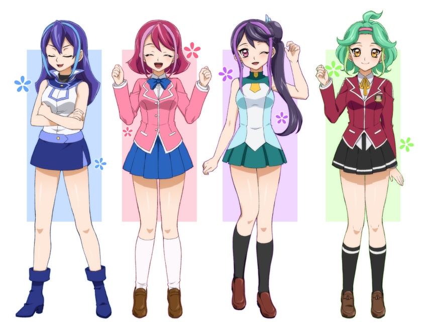 4girls, ;d, alternate_hairstyle, blazer, blue_hair, chiyo_(no3baki), closed_eyes, earrings