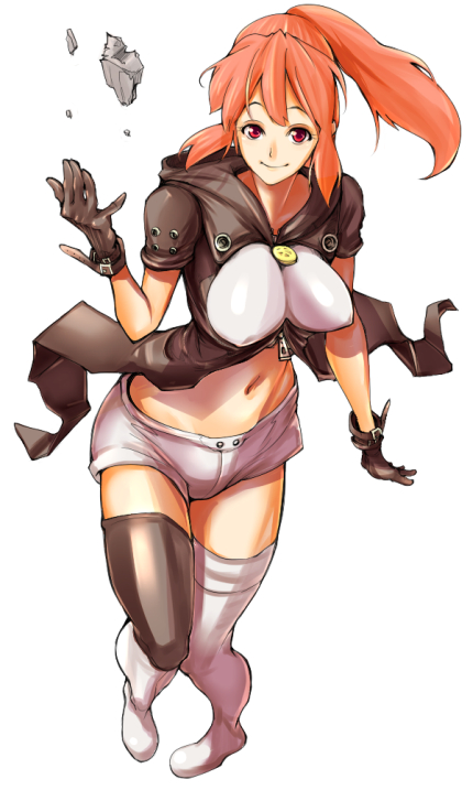 bad_id, breasts, gloves, large_breasts, midriff, orange_hair, ponytail, psyren