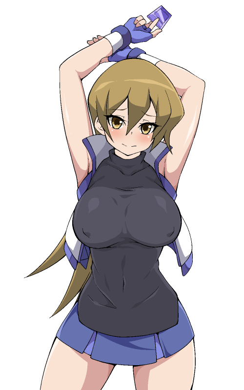 1girl, armpits, arms_up, bad_id, blonde_hair, card, covered_navel, covered_nipples