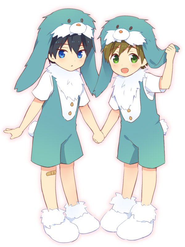 2boys, :<, :d, animal_hood, bandaid, bandaid_on_knee, black_hair, blue_eyes