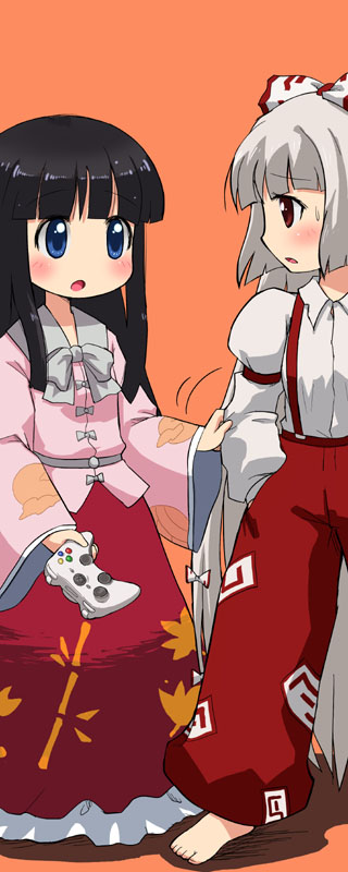 barefoot, black_hair, blue_eyes, bow, controller, fujiwara_no_mokou, hair_ribbon, houraisan_kaguya, joey_hanma, long_hair, long_skirt, multiple_girls, red_eyes, ribbon, silver_hair, skirt, touhou, xbox_360