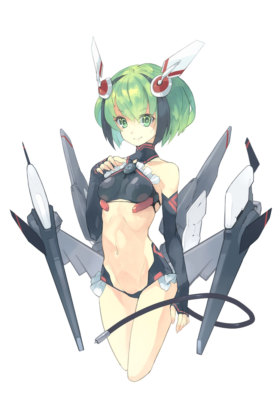 1girl, android, bare_shoulders, black_hair, breasts, cropped_legs, dimension_w, elbow_gloves