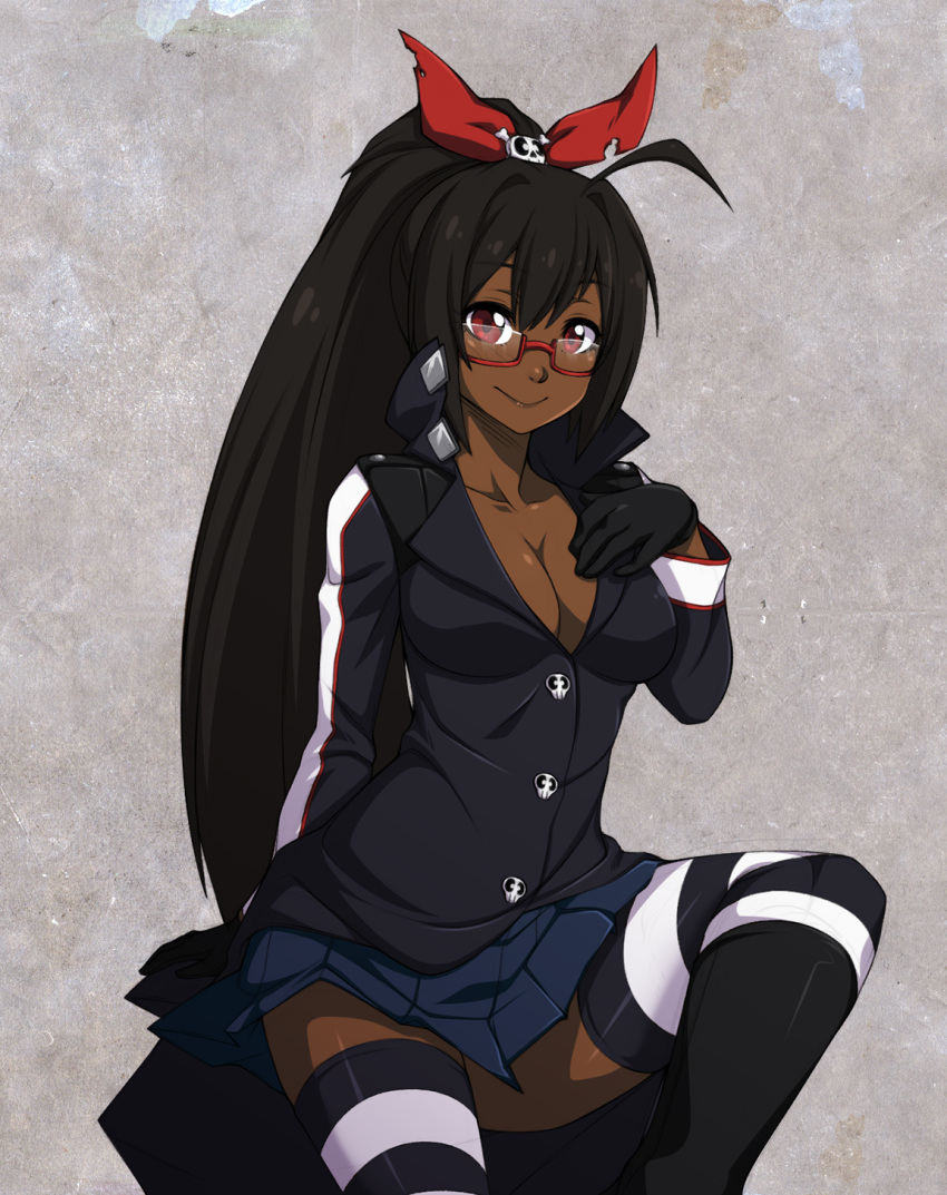 1girl, ahoge, black_gloves, black_hair, boots, borrowed_character, breasts, cleavage