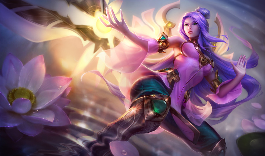 1girl, blade, boots, cleavage_cutout, detached_sleeves, flower, green_eyes, irelia, knee_boots, league_of_legends, long_hair, lotus, michelle_hoefener, official_art, order_of_the_lotus_irelia, purple_hair, solo, very_long_hair
