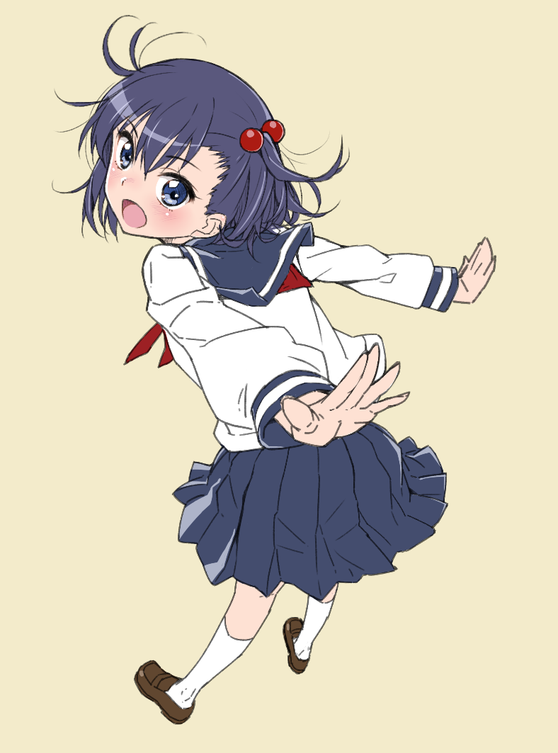 1girl, blue_eyes, blue_hair, blush, from_behind, hair_bobbles, hair_ornament, kneehighs