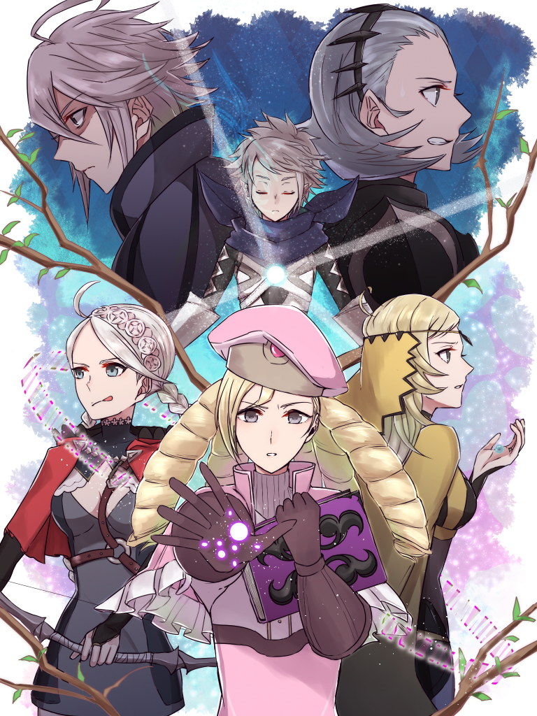 3boys, 3girls, ahoge, armor, bandana, beret, blonde_hair, blue_eyes, book, bow_(weapon), braid, breasts, chlxms, cleavage, closed_eyes, deere_(fire_emblem_if), drill_hair, eponine_(fire_emblem_if), fire_emblem, fire_emblem_if, foleo_(fire_emblem_if), grey_hair, hairband, hat, kanna_(fire_emblem_if), leaf, long_hair, multiple_boys, multiple_girls, ophelia_(fire_emblem_if), sophie_(fire_emblem_if), tongue, twin_braids, weapon, white_hair