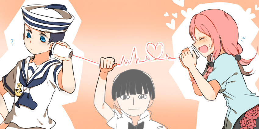 1girl, 2boys, ?, anchor_symbol, blue_eyes, bow, bowl_cut, bowtie
