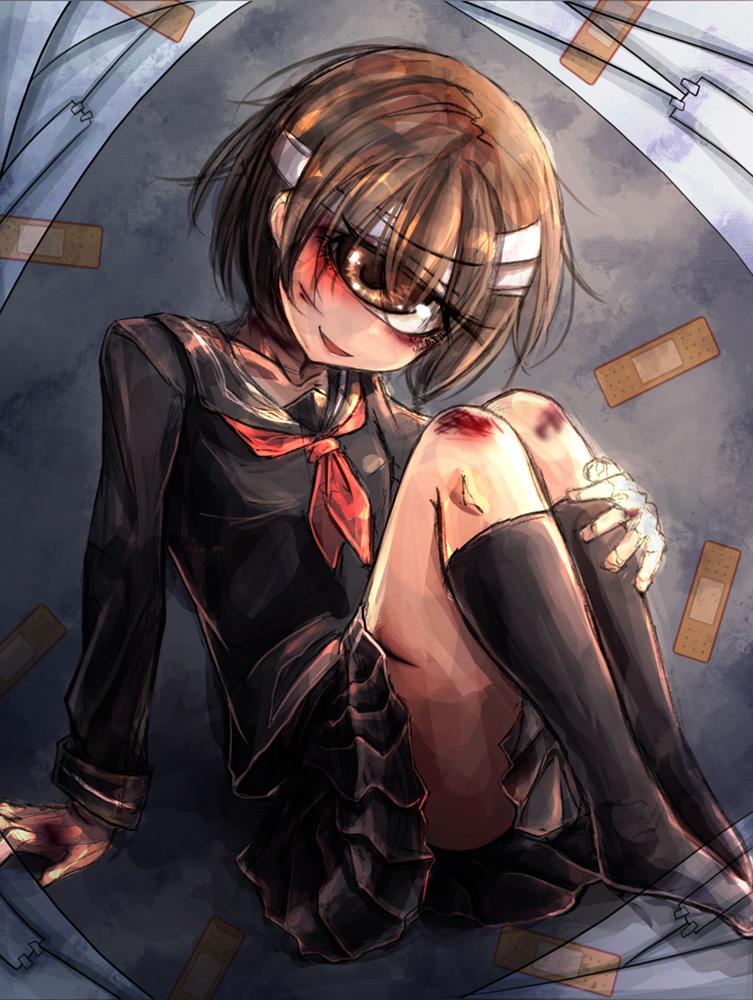 1girl, bandaged_head, bandages, bandaid, black_legwear, black_serafuku, black_skirt, brown_eyes