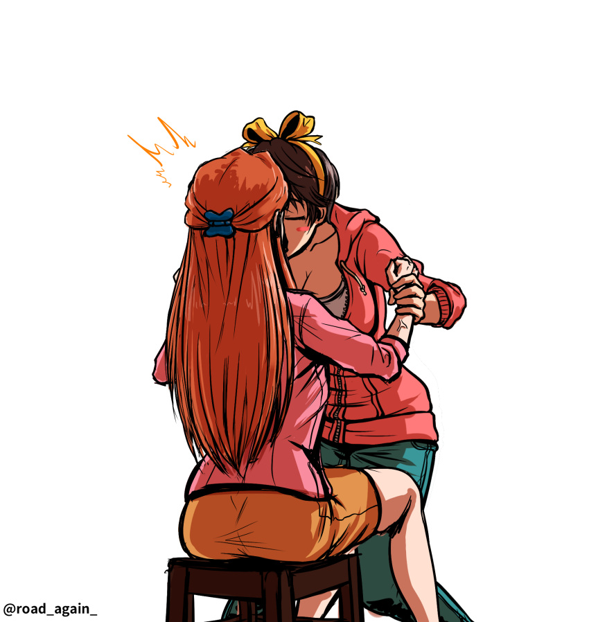2girls, arm_holding, bow, brown_hair, closed_eyes, hair_bow, hair_ornament, hairclip, highres, idolmaster, idolmaster_cinderella_girls, kiss, long_hair, multiple_girls, oikawa_shizuku, road_again, short_hair, signature, simple_background, sitting, stool, surprise_kiss, surprised, white_background, yuri, zaizen_tokiko