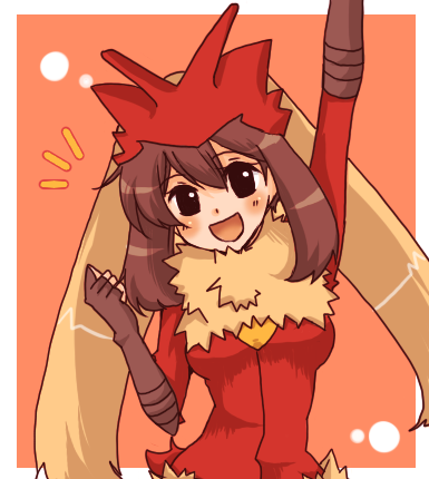 blaziken_(cosplay), blush, cosplay, haruka_(pokemon), large_breasts, pokemon, smile