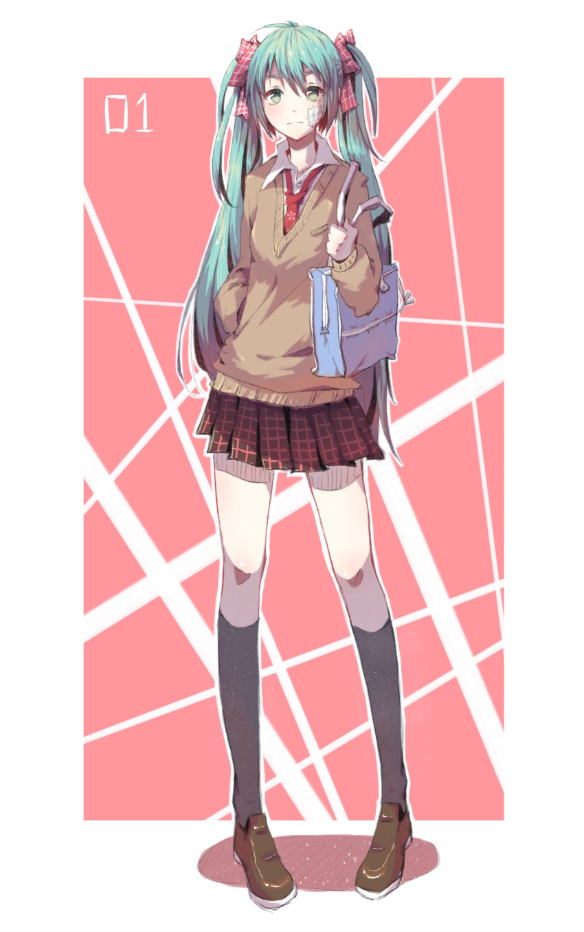 1girl, absurdres, ahoge, alternate_costume, aqua_eyes, aqua_hair, bag, bandage_on_face, black_legwear, bow, brown_shoes, castanet_(ranhoujun), collared_shirt, frown, full_body, hair_bow, hand_in_pocket, hatsune_miku, highres, holding_strap, kneehighs, long_hair, long_sleeves, necktie, school_bag, school_uniform, shirt, shoes, skirt, solo, standing, twintails, very_long_hair, vocaloid