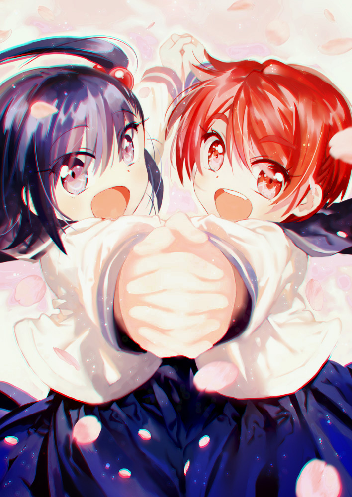 2girls, atsuki, dancing, interlocked_fingers, long_hair, multiple_girls, ooya-san_wa_shishunki, petals, purple_hair, red_eyes, redhead, satonaka_chie_(ooya-san_wa_shishunki), school_uniform, serafuku, short_hair, ueno_mayu, violet_eyes