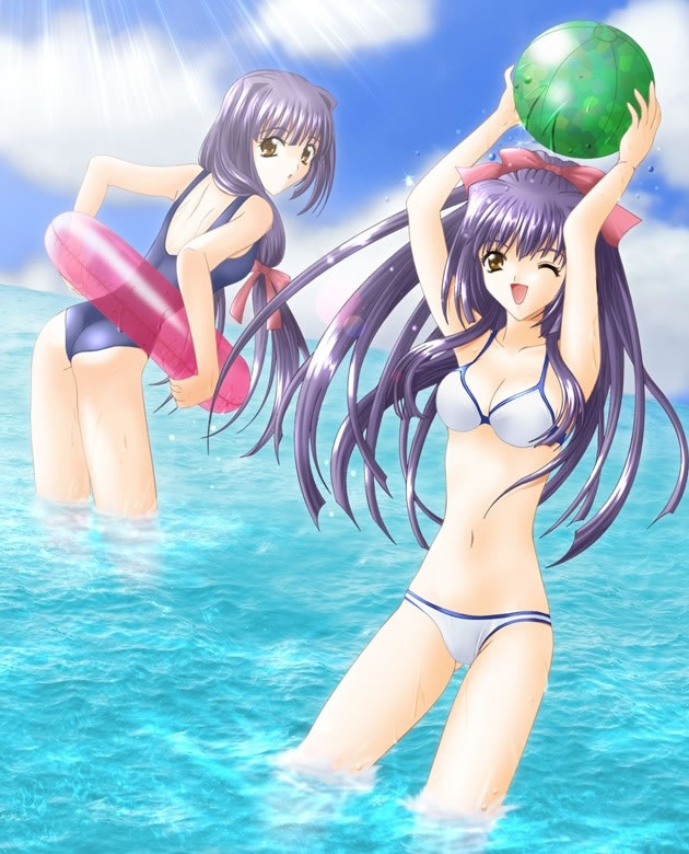 2girls, beachball, bikini, bra, floating_tire, hair_ribbon, long_hair, purple_hair