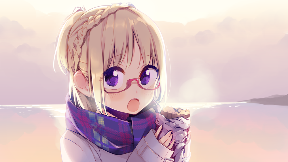1girl, baked_potato, blonde_hair, braid, eating, food, fuzuki_fuuro, glasses