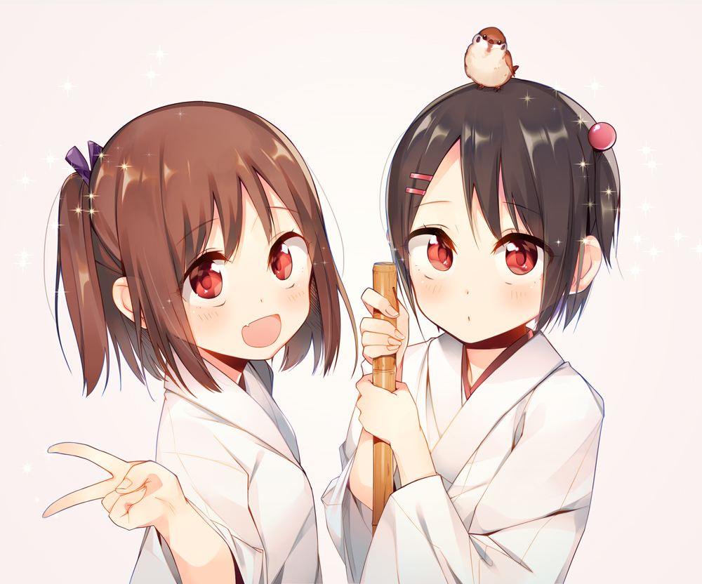2girls, bird, black_hair, brown_hair, fang, fuzuki_fuuro, hair_ornament, hairclip, japanese_clothes, long_hair, miko, multiple_girls, olive!_believe_"olive"?, red_eyes, short_hair, siblings, side_ponytail, sisters, tsukinomiya_ema, tsukinomiya_suzu, v