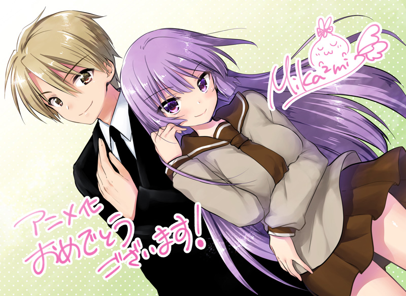 1boy, 1girl, brown_eyes, brown_hair, long_hair, mikami_mika, nishikawa_youko, purple_hair, sansha_san'you, school_uniform, serafuku, short_hair, translated, violet_eyes, yamaji_mitsugu