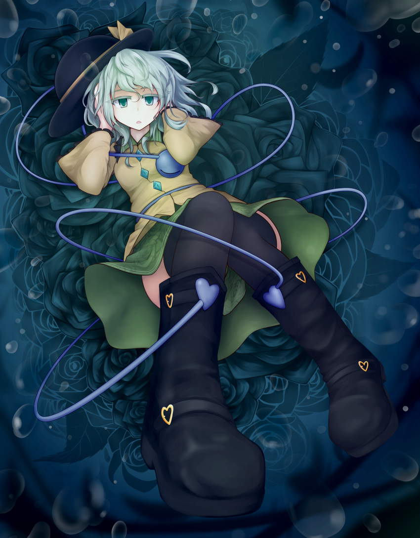 1girl, absurdres, black_legwear, boots, bubble, colored_eyelashes, covering_ears, damao_(kiwa777)