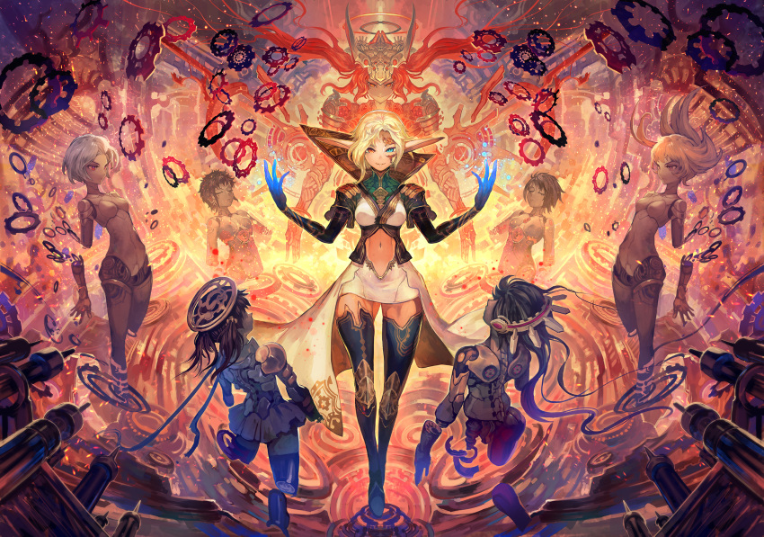 6+girls, amputee, androgynous, android, armor, arms_at_sides, back, bangs, black_hair, blonde_hair, blue_eyes, boots, breasts, broken, brown_hair, closed_eyes, closed_mouth, dark_skin, detached_arm, dissolving, dress, elf, facial_mark, fire, floating, floating_hair, floating_object, gears, glowing, glowing_hand, halo, hands_up, headgear, headphones, headpiece, heterochromia, high_collar, highres, lack, large_breasts, last_chronicle, lens_flare, light_particles, long_hair, looking_at_another, looking_at_viewer, md5_mismatch, mechanical_wings, multiple_girls, navel, navel_cutout, parted_bangs, parted_lips, pauldrons, pointy_ears, red_ribbon, redhead, ribbon, robot_joints, shade, short_hair, short_sleeves, silver_hair, smile, smirk, spine, stomach, string, swept_bangs, tattoo, thigh-highs, thigh_boots, twintails, unconscious, underbust, very_long_hair, wings