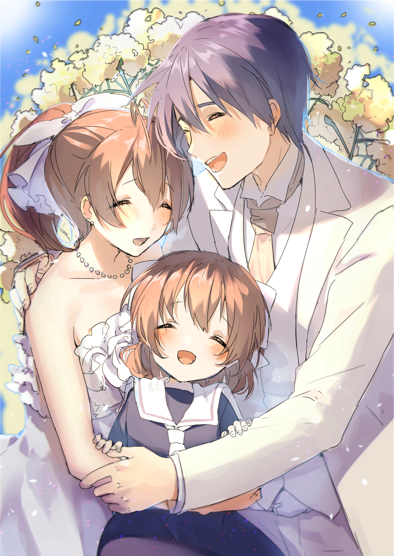 1boy, 2girls, :d, ^_^, ahoge, antenna_hair, bare_shoulders, blue_hair