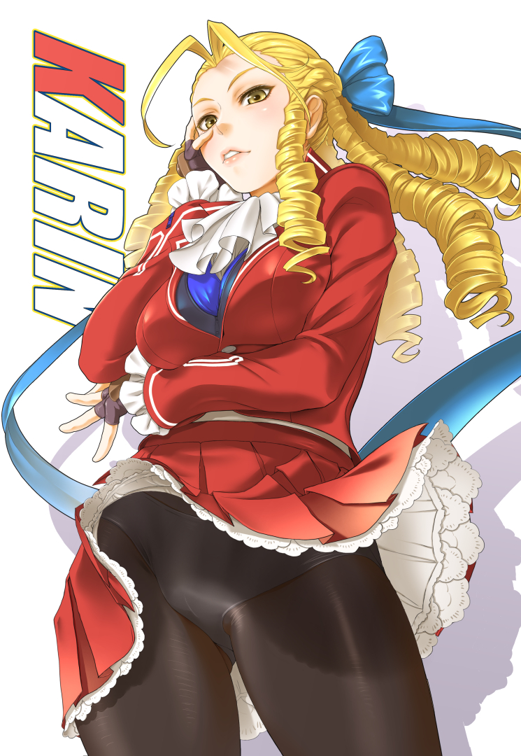 1girl, antenna_hair, black_gloves, black_legwear, blonde_hair, character_name, cravat, fingerless_gloves, frilled_sleeves, frills, gloves, hair_slicked_back, kanzuki_karin, long_hair, long_sleeves, miniskirt, panties, panties_under_pantyhose, pantyhose, pantyshot, pantyshot_(standing), parted_lips, pierre_norano, red_skirt, skirt, solo, standing, street_fighter, street_fighter_v, underwear, white_panties, yellow_eyes