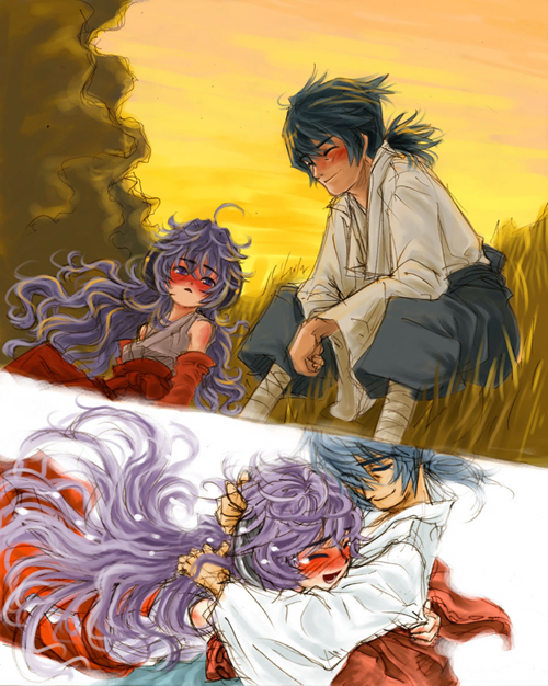 1boy, 1girl, bangs, blue_hair, blush, closed_eyes, crying, detached_sleeves, furude_riku, hakama, hanyuu, happy, hetero, higurashi_no_naku_koro_ni, horns, hug, husband_and_wife, japanese_clothes, long_hair, low_ponytail, miko, purple_hair, ryou_(shirotsumesou), smile, tears, violet_eyes