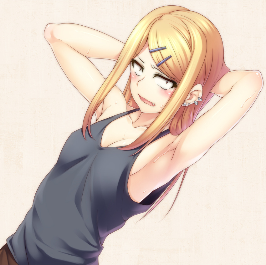 1girl, 846-gou, armpits, arms_behind_head, arms_up, blonde_hair, blush, collarbone, dagashi_kashi, ear_piercing, earrings, endou_saya_(dagashi_kashi), fang, hair_ornament, hairclip, jewelry, long_hair, looking_at_viewer, open_mouth, piercing, sanpaku, small_breasts, solo, sweat, tank_top
